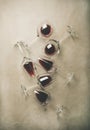 Flat-lay of red wine in glasses over grey concrete background Royalty Free Stock Photo