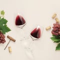 Flat-lay of red wine in glasses on pink background Royalty Free Stock Photo
