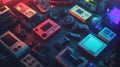 Flat lay of retro gaming devices with neon lighting Royalty Free Stock Photo