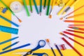School office supplies on yellow background Royalty Free Stock Photo
