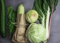 Flat lay series of assorted green vegetables, fresh organic raw produce, fiber and vitamins rich