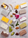 Set of different soap and their ingredients Royalty Free Stock Photo