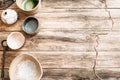 Flat lay set of handmade ceramic crockery Royalty Free Stock Photo