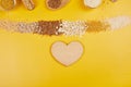 Flat lay of set of heap various grains and cereals on yellow background