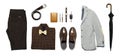 Flat lay set Men`s classic clothing, jacket pants shirt bow tie leather belt shoes wrist watch wallet pens umbrella cane car keys Royalty Free Stock Photo