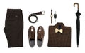 Flat lay set Men`s classic clothing, jacket pants shirt bow tie leather belt shoes wrist watch wallet pens umbrella cane car keys Royalty Free Stock Photo