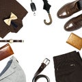 Flat lay set Men`s classic clothing, jacket pants shirt bow tie leather belt shoes wrist watch wallet pens umbrella cane car keys Royalty Free Stock Photo