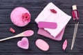 Flat lay set of pink stuff for spa treatment. Royalty Free Stock Photo