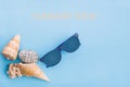 Flat lay of shells and hat on a blue background
