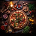Rustic Pizza with Artistic Toppings on Wooden Board Royalty Free Stock Photo