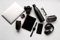 Flat Lay Shot Of Techno Items For Traveller With Smartwatch Mobile Phone And Wireless Headphones