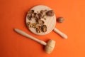 Flat lay shot of a wooden nut hammer and a board with broken nuts on it on an orange background Royalty Free Stock Photo