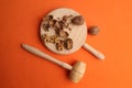 Flat lay shot of a wooden nut hammer and a board with broken nuts on it on an orange background