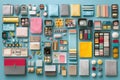 Organized Craft Supplies Colorful Fabrics Sewing Kit Stationery and Containers on Teal Background