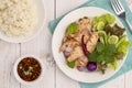 Flat lay sliced grilled chicken breast salad or nam tok gai n in Thai Royalty Free Stock Photo