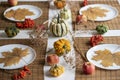 flat lay of small pumpkins and dry brown maple leafs on white plates