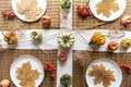 Small pumpkins and dry brown maple leafs on white plates, autumn dinner table