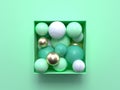 Flat lay soft green pastel scene abstract geometric shape gold white marble 3d rendering square/cube box sphere in side