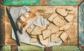 Flat-lay of sourdough wheat bread cut in slices in tray Royalty Free Stock Photo