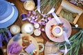 Flat lay spa and fashion accessories, handmade artisan soap, fresh flowers, wisp of bast Royalty Free Stock Photo