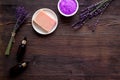 Flat lay of spa lavender treatments - cosmetic pharmacy products