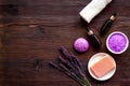 Flat lay of spa lavender treatments - cosmetic pharmacy products