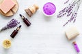 Flat lay of spa lavender treatments - cosmetic pharmacy products