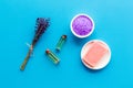 Flat lay of spa lavender treatments - cosmetic pharmacy products