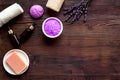 Flat lay of spa lavender treatments - cosmetic pharmacy products