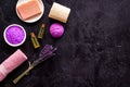 Flat lay of spa lavender treatments - cosmetic pharmacy products