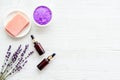 Flat lay of spa lavender treatments - cosmetic pharmacy products