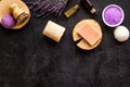 Flat lay of spa lavender treatments - cosmetic pharmacy products