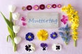 Flat Lay With Spring Flower Blossoms, Sign, Muttertag Means Mothers Day