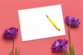 Flat lay Spring flowers. Yellow lilac peony tulips white blank album notebook writing pen on pink background. Lovely greeting card Royalty Free Stock Photo