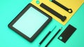 a flat lay of stationery items on a blue background. O Royalty Free Stock Photo