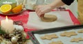 Flat lay. Step by step. Rolling out gingerbread cookie dough to bake Christmas cookies. Royalty Free Stock Photo