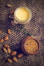 Flat lay still life with honey and pollen and nuts Royalty Free Stock Photo