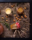 Flat lay still life with honey and pollen and nuts Royalty Free Stock Photo