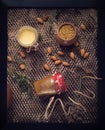 Flat lay still life with honey and pollen and nuts Royalty Free Stock Photo