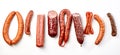 Flat lay still life of a mix of spicy sausages Royalty Free Stock Photo