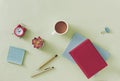 Flat lay still life with notebooks, coffee and pen Royalty Free Stock Photo