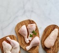 Flat lay still life of raw chicken portions