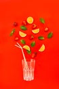 Flat lay Strawberry lemonade ingredients - lemon slices, mint leaves and strawberries falling in empty glass on bright red backgro Royalty Free Stock Photo