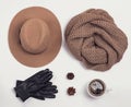 Flat lay with stylish feminine autumn or winter accessories