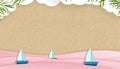 Flat lay Summer background with origami white clouds,boat sailing in pink ocean wave on sand beach,Vector illustration paper art Royalty Free Stock Photo