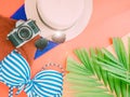 Flat lay for summer cloth accessorie with palm leaf , camera and Royalty Free Stock Photo