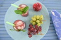 Flat lay with summer smoothie drink and fresh fruit Royalty Free Stock Photo