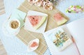 Flat lay, summer, work the freelance, watermelon Royalty Free Stock Photo