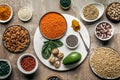 Flat lay of superfoods, legumes, nuts and avocado