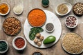 Flat lay of superfoods, legumes, nuts and avocado